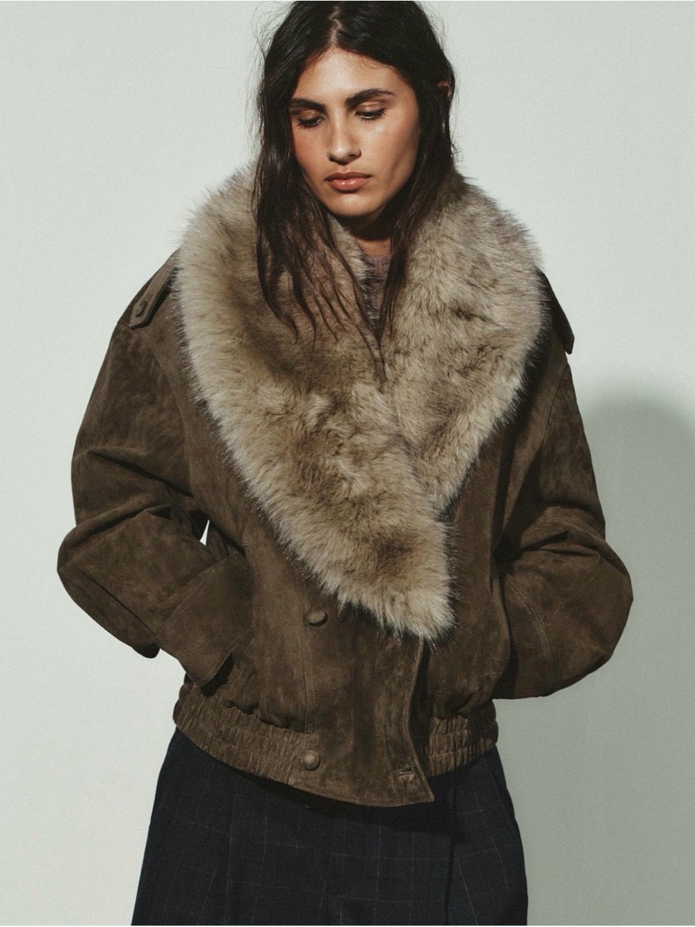 NWT Zara Collection Khaki Brown 100% Sheepskin Suede leather Jacket w Fur Collar